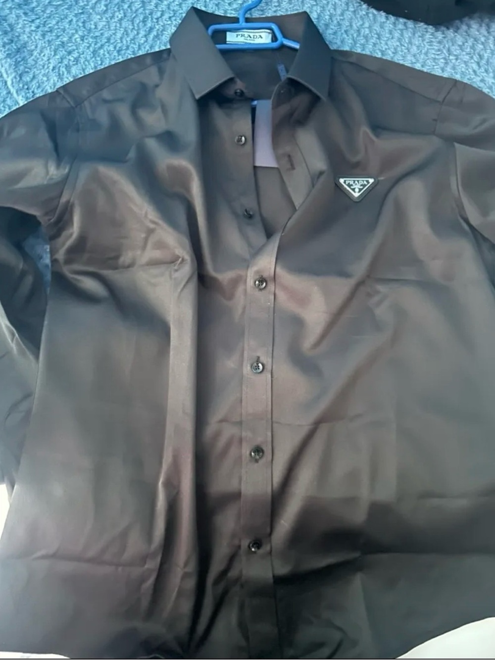 Prada Men’s Black Satin Dress Shirt with Logo Patch size XL fits like Large.
